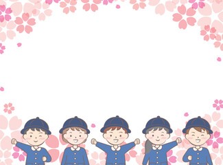 桜と園服の子供たちのフレーム　入園　卒園