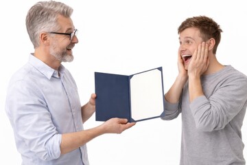 Mentor handing blank certificate folder to student joyful achievement moment