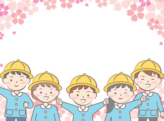 桜と園服の子供たちのフレーム　入園　卒園