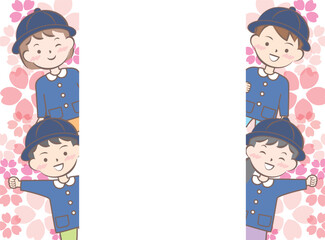 桜と園服の子供たちのフレーム　入園　卒園