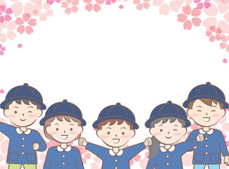 桜と園服の子供たちのフレーム　入園　卒園