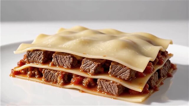 Close-up of a delicious layered meat lasagna with rich tomato sauce and melted cheese on a white plate, highlighting texture and color contrast