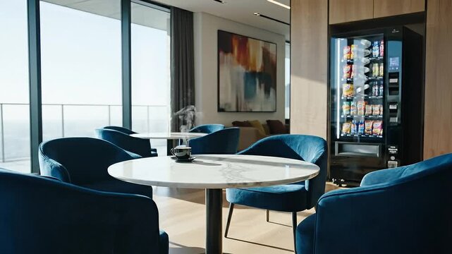 Modern Office Lounge with Vending Machine and Comfortable Armchairs