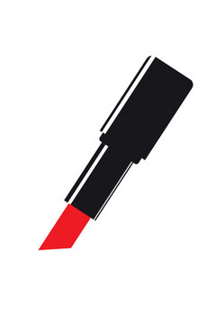 A dynamic and minimalist tilted red lipstick vector png with a sleek black tube. This high-quality cosmetic icon features a stylish angled perspective, making it perfect for makeup tutorials