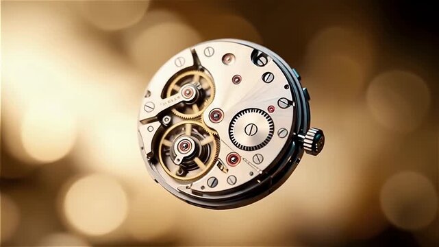 Close-up of a mechanical timepiece movement showcasing intricate gears and components against a blurred golden background