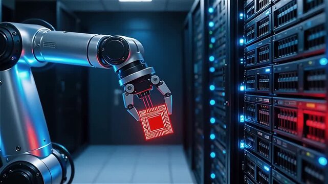 Close-up of a robotic arm interfacing with a server, illuminated by blue and red lights in a high-tech data center
