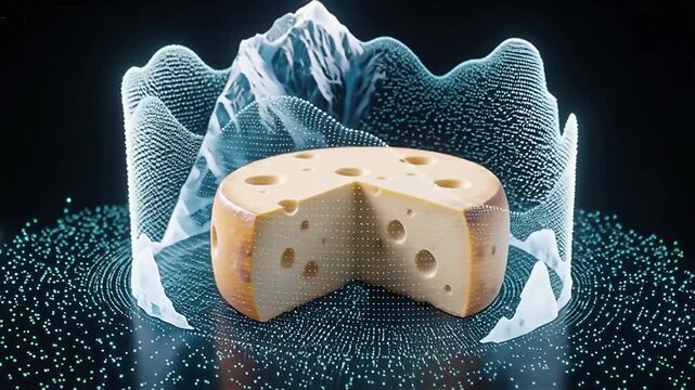 Close-up view of a round cheese wheel with holes, partially cut, set against a dark background with glowing shimmering particles
