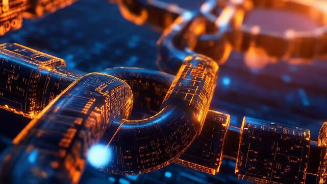 A close-up view of a glowing chain link, with each link representing a node in a network, highlighting the concept of secure, immutable data transfer in the digital realm.