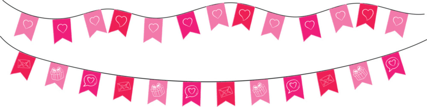 Valentine celebration, festive bunting flags strung together, two rows of pink and red valentines day bunting flags with hearts on string