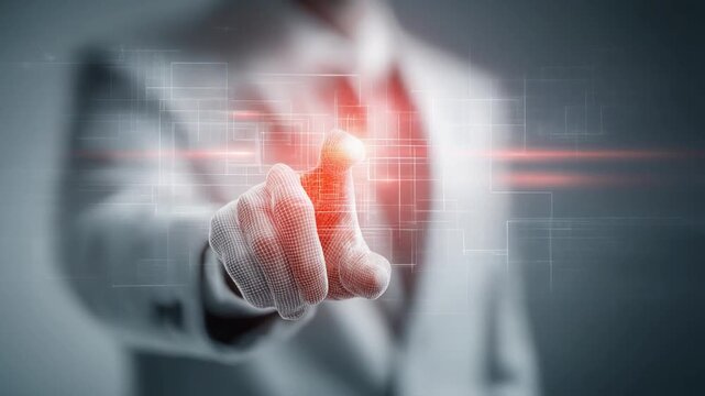 Businessman using futuristic digital interface with glowing red touchpoint technology concept