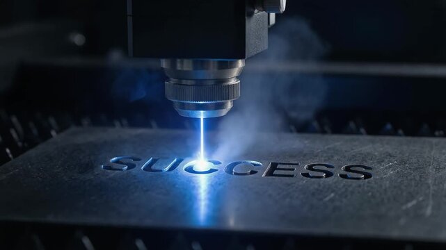 Close-up of laser cutting machine engraving the word success on metal plate with sparks and smoke