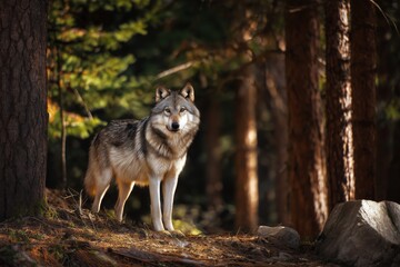 Majestic Wild Wolf in Coniferous Forest