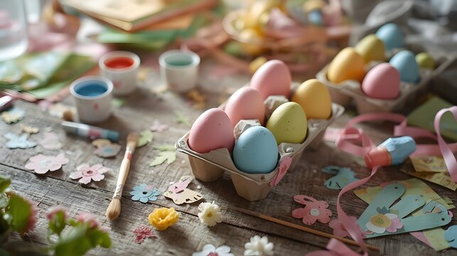 Easter-themed craft supplies arranged on a colorful table surface