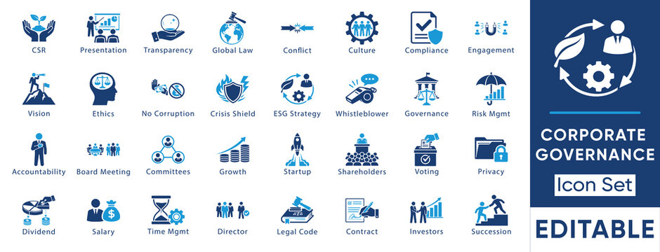 Corporate governance and management icon set. Vector collection including ESG strategy, whistleblowing, crisis shield, global law and ethics symbols.