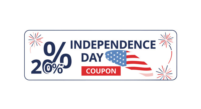 20 percent Independence Day coupon badge with American flag and fireworks, for banner or advertisement