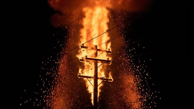 Dramatic image of an electrical pole engulfed in flames at night with sparks and burning cloud