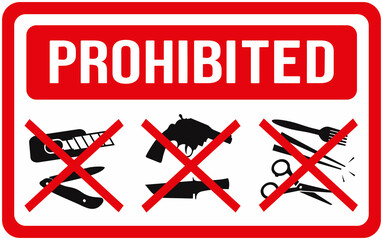 Red sign prohibiting pocketknives, knives, scissors, chopsticks, knives, revolvers, cutting blades, illustration, label, sticker.