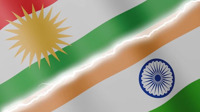 Two waving flags Iraqi and India with diagonal lightning seamless, 4k loop