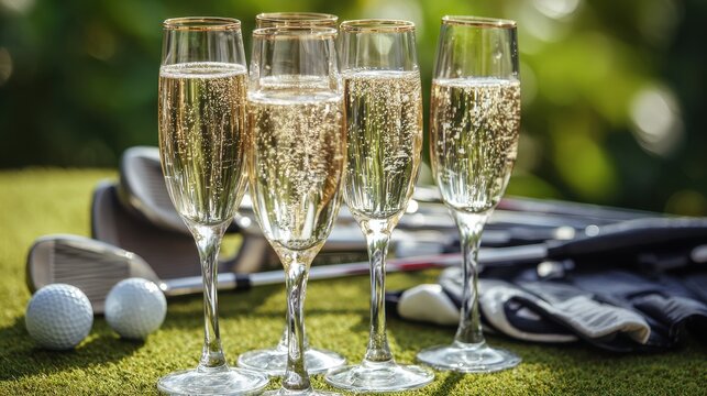 Four champagne glasses and golf equipment on a green fairway at sunset