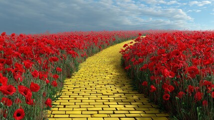 Yellow brick road winding through a field of vibrant red poppies under a dramatic sky © Stock by Anindya