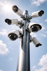 Surveillance camera tower against a bright blue sky