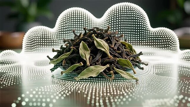 A close-up of dried tea leaves with a digital overlay, featuring geometric wave patterns in a bright environment