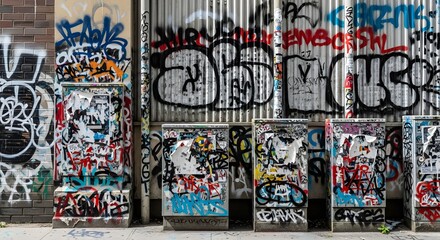 Fototapeta premium Multicolored graffiti and peeling posters adorn urban wall and rectangular utility boxes, showcasing street art