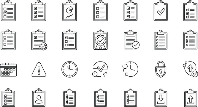 Collection of management and planning icons featuring various clipboard checklists quality assurance time tracking and security symbols for organization projects