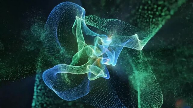 Abstract flowing energy wave of turquoise and emerald particles against a dark background representing data streams futuristic technology and digital innovation concepts