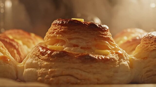 Close-up of baked golden brown pastries with melting butter inside a hot oven, ready to eat