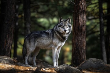 Obraz premium Majestic Wild Wolf in Coniferous Forest