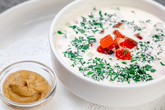 Traditional Eastern European Fish Cold Okroshka Soup, Minimalist Style. Close-up
