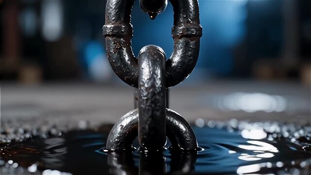 Close-up of industrial metal hook and chain above a dark puddle, showcasing detailed textures, reflections, and atmospheric lighting