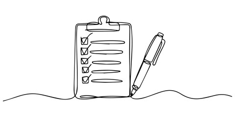 Continuous one line art drawing of clipboard with a checklist design. clipboard with a checklist one line vector illustration, clipboard and pen design. clipboard with Good Marks with pass direction. © Gerish