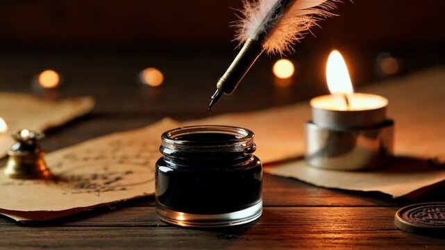 Close-up of an ink pot and quill pen illuminated by candlelight, set against textured paper and warm wooden background