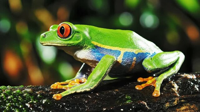 Eye-level shot of a vibrantly colored red-eyed tree frog perched on a moss-covered log in a tropical rainforest.
