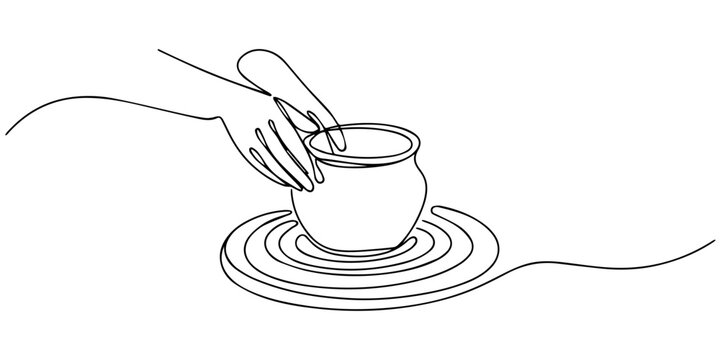 Clay Pot on Pottery Wheel for Creation continuous one line drawing, minimalist vector illustration of hands shaping a clay pot on a potter's wheel, isolated artistic line drawing of ceramic craftsmans