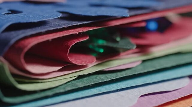 Close-up slow motion of layered colorful textured paper with scalloped edges creating a vibrant abstract background