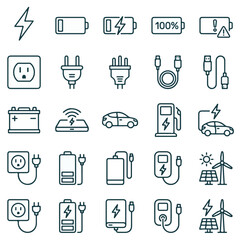 Electricity, Charging, and Electric Vehicle Line Icons Set