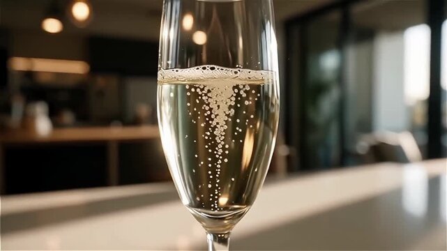 Close-up of a sparkling glass of champagne with bubbles rising, set against a softly blurred modern interior, highlighting celebration and elegance