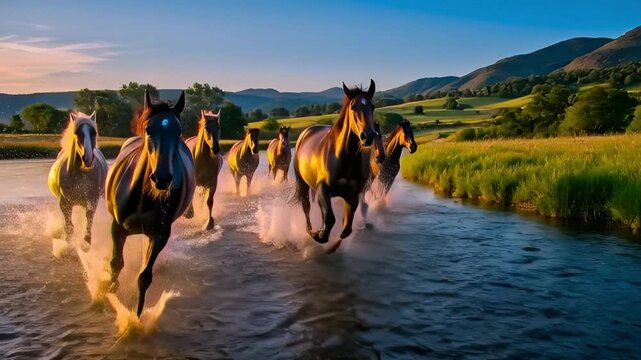 Horses Running Through Water at Sunset.