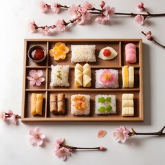 Beautifully arranged sushi and sakura flowers display  Japanese cuisine