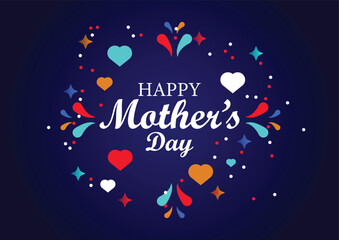 Happy Mothers Day festive typography design with colorful hearts on dark blue background