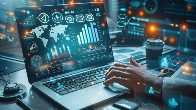 Professional analyzing live global data streams on laptop, digital dashboard, business, tech workspace, futuristic analytics interface.