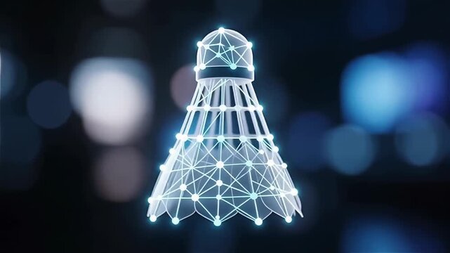 A close-up view of a badminton shuttlecock in a blurred high-tech background, showcasing its aerodynamic design and vibrant colors