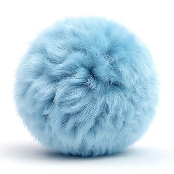 A close-up view of a fluffy blue pom pom against a white background isolated on white background