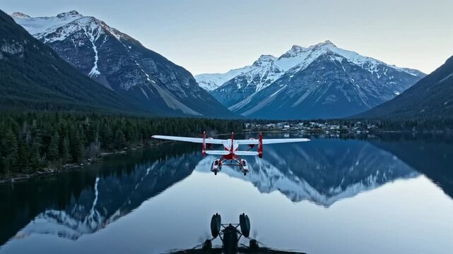 Scenic aerial view of a red and white seaplane gliding across a pristine lake with mountain reflections