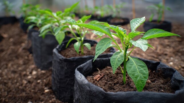 Young green pepper plants growing in black fabric grow bags in a greenhouse