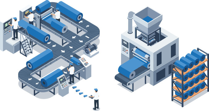 Automated industrial factory production line with workers conveyor belt and machinery, cad drawing flat vector illustration