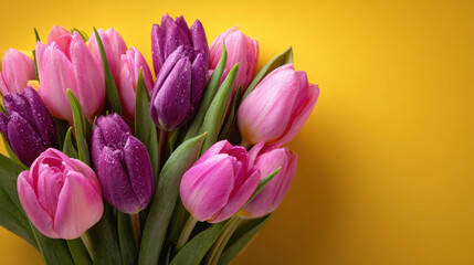 Obraz premium A bouquet of pink tulips on a yellow background. Background of spring flowers for card for the holiday.